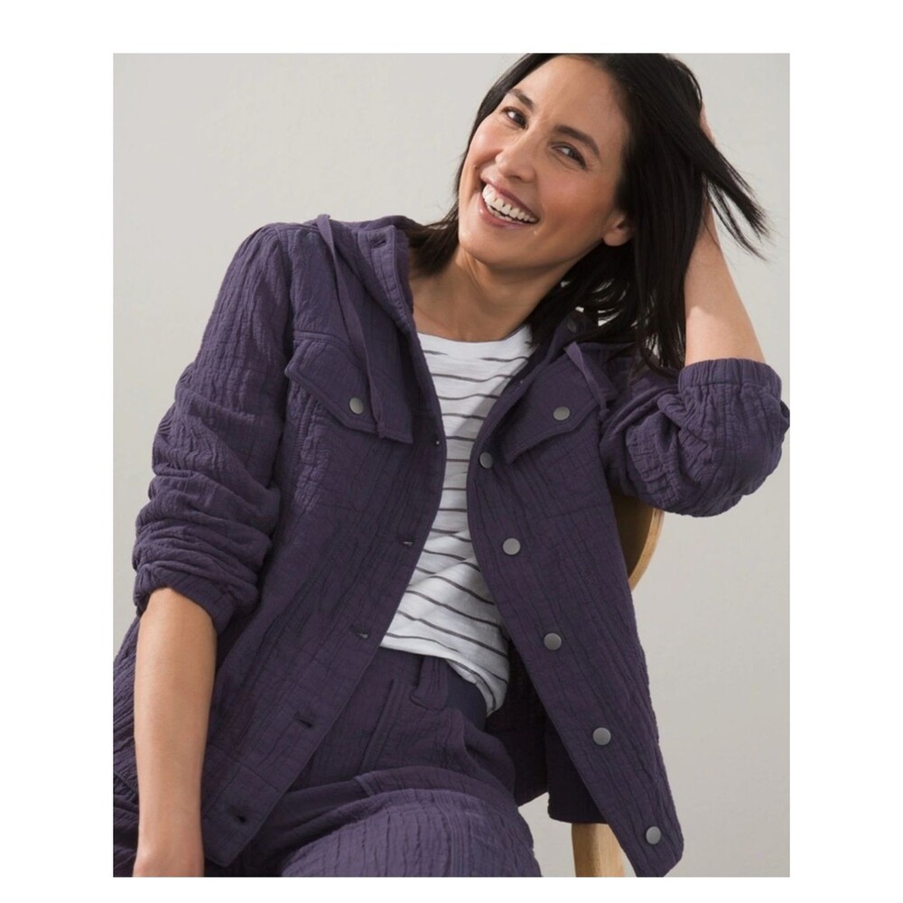 Chico's Cotton Navy Blue Crinkle Hooded Jacket size 1 Medium